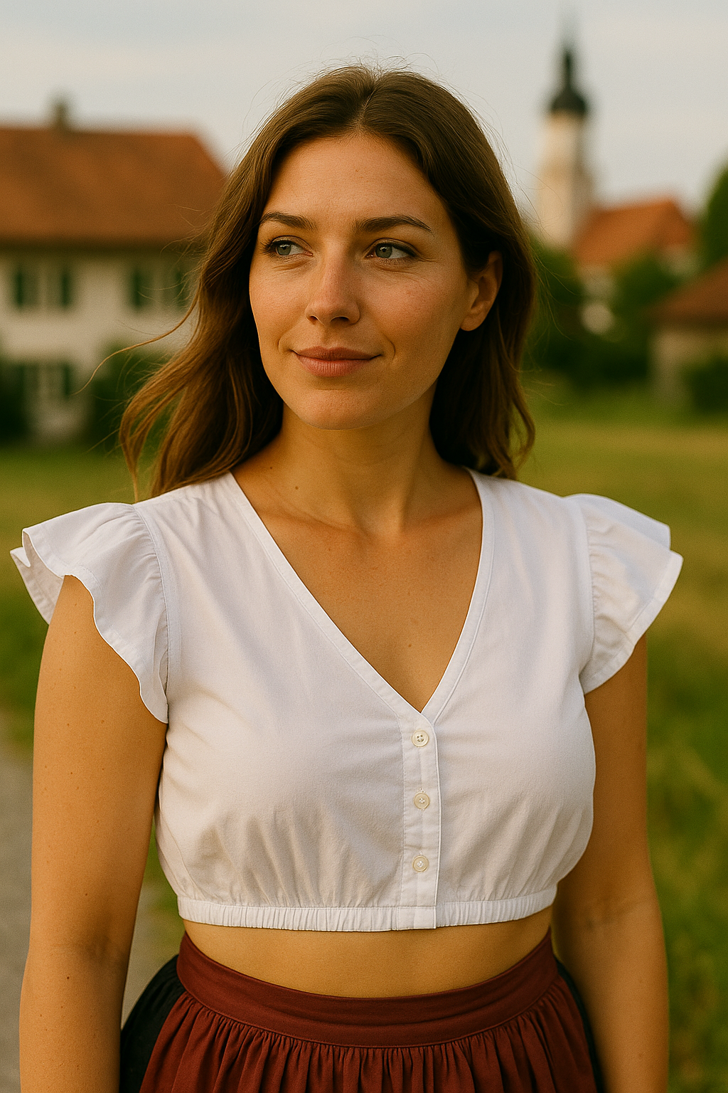 Alina | Damen Hochgeschlossene Oktoberfest Dirndl Bluse | V-Ausschnitt