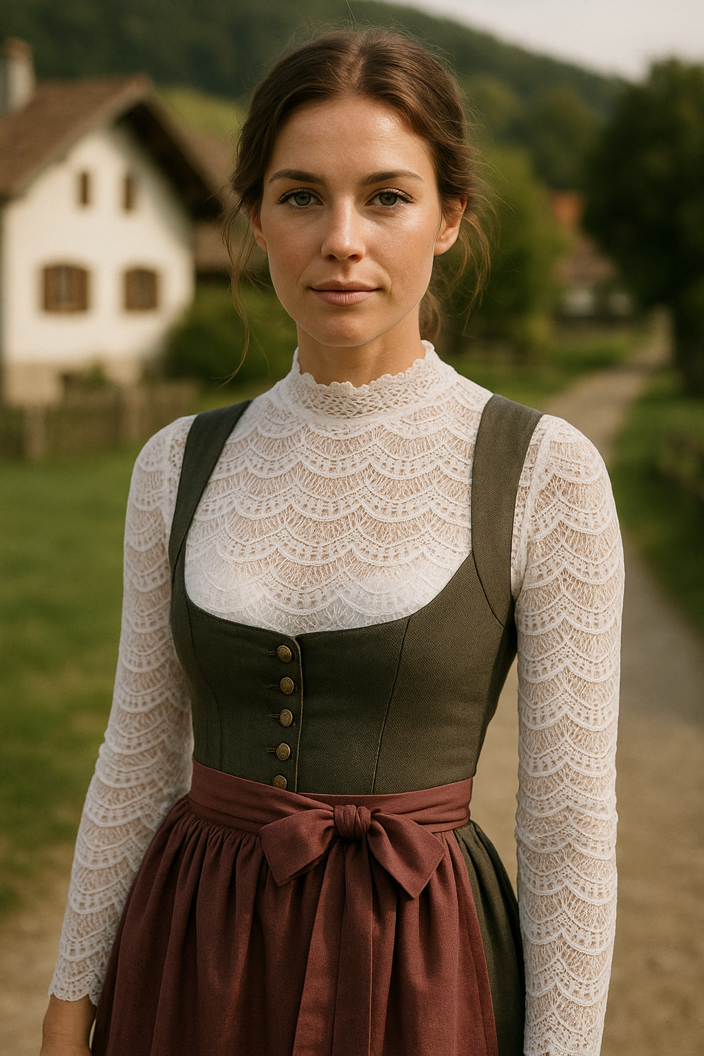 Ella | Damen Hochgeschlossene Langarm Oktoberfest Dirndl Bluse | Spitzendetail