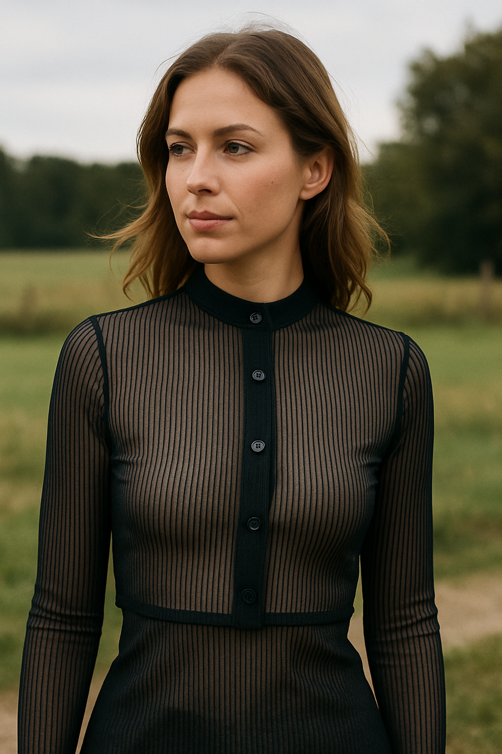 Lea | Damen Hochgeschlossene Schwarze Oktoberfest Dirndl Bluse | Streifenmesh