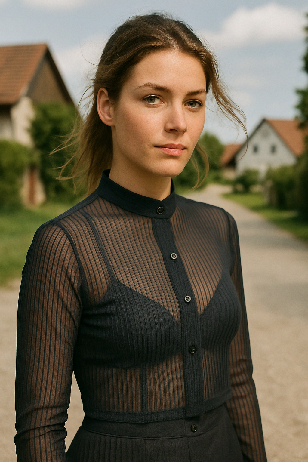 Lea | Damen Hochgeschlossene Schwarze Oktoberfest Dirndl Bluse | Streifenmesh