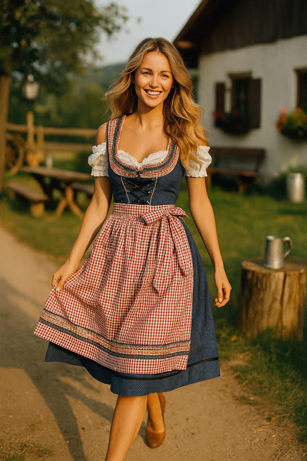 Lina | Damen Rote Oktoberfest Dirndl Kleid | Karoschürze