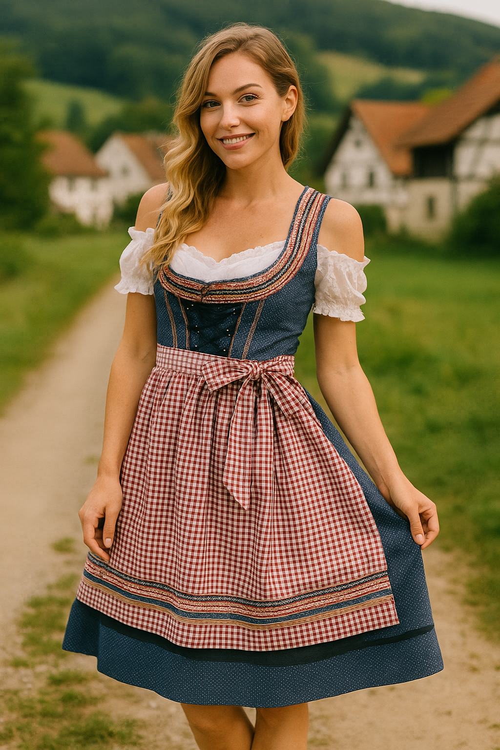 Lina | Damen Rote Oktoberfest Dirndl Kleid | Karoschürze