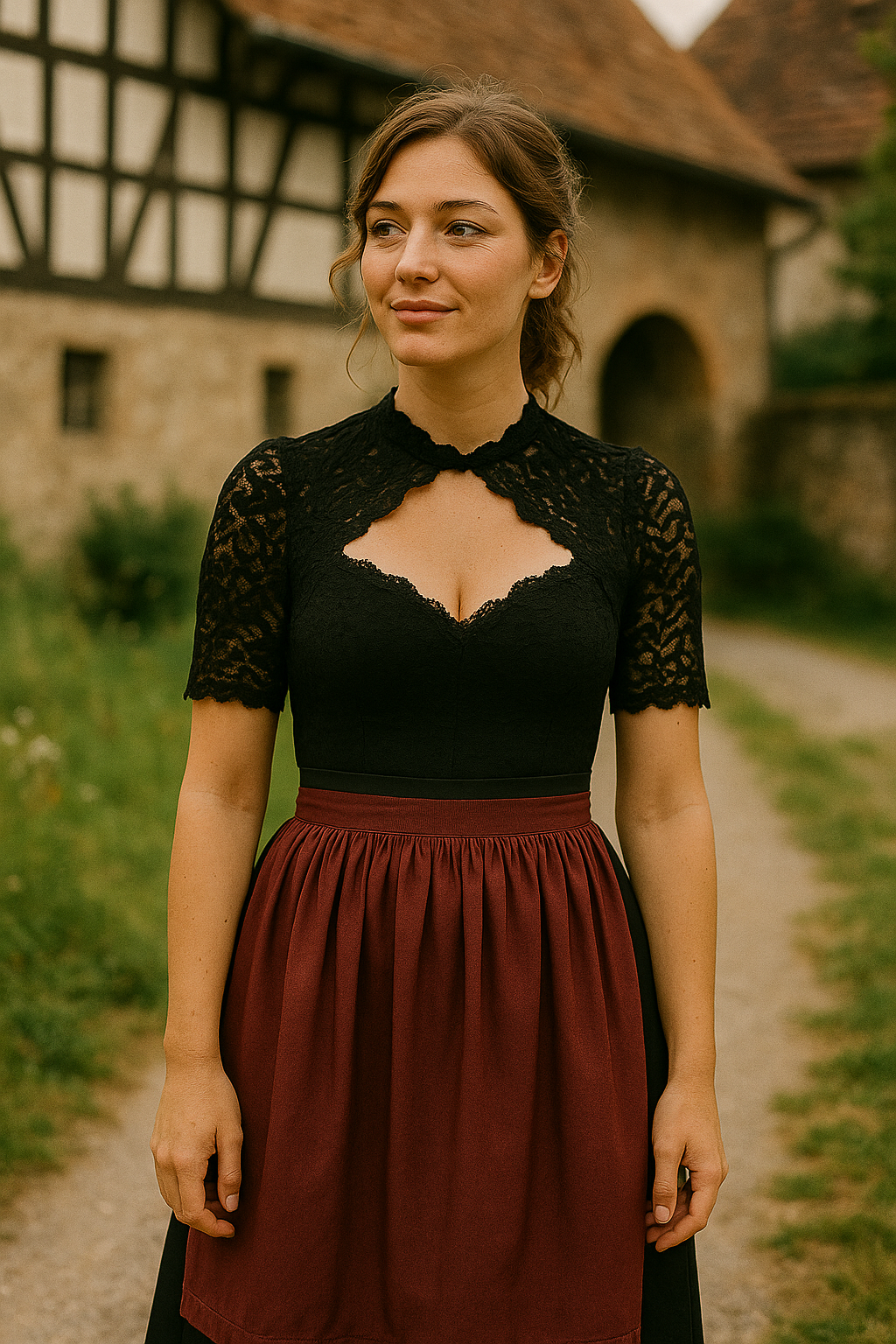 Nina | Damen Hochgeschlossene Schwarze Oktoberfest Dirndl Bluse | Herzausschnitt