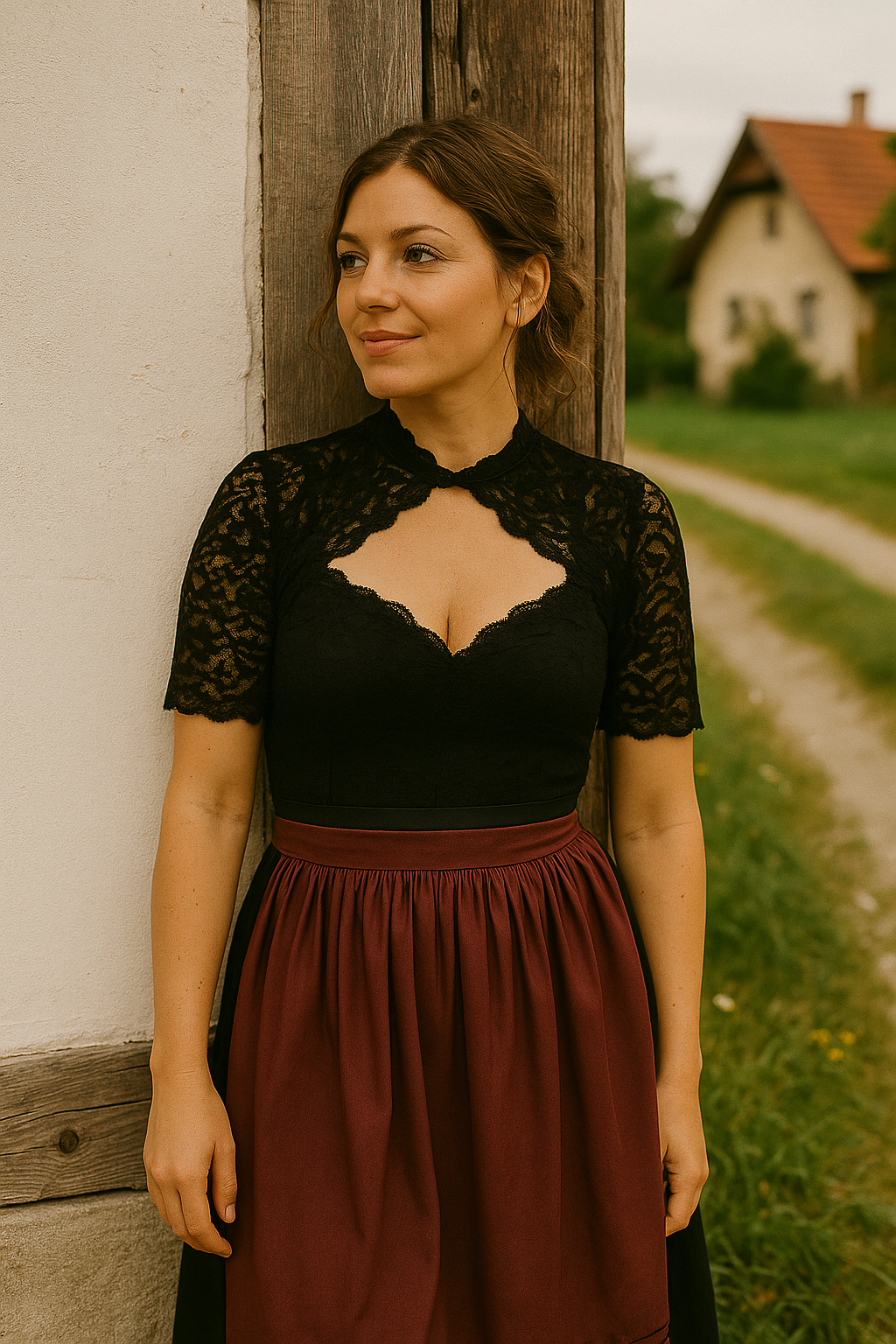 Nina | Damen Hochgeschlossene Schwarze Oktoberfest Dirndl Bluse | Herzausschnitt